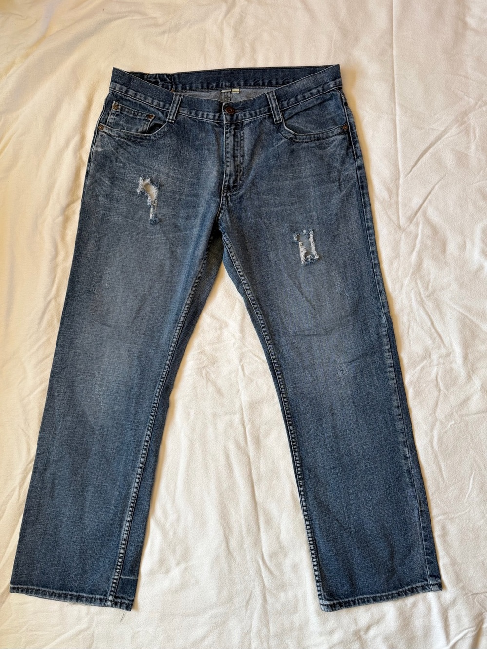 Flypaper Men's Straight Jeans in Blue with Distressed Detail